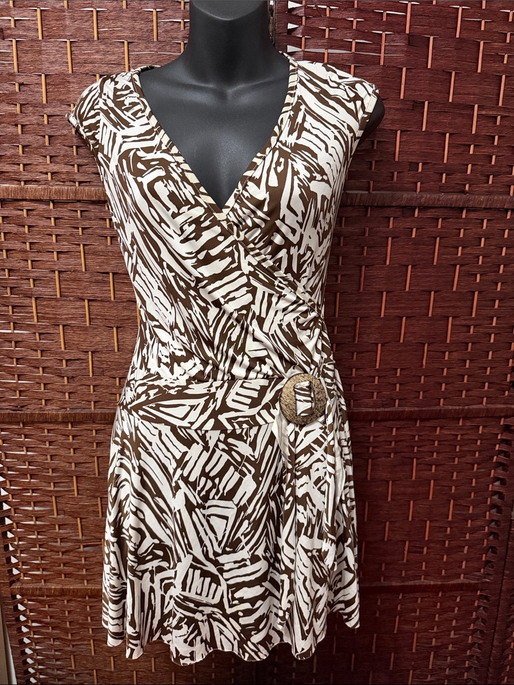 Women’s Brown & Ivory Wrap Style Dress with Buckle Detail | S